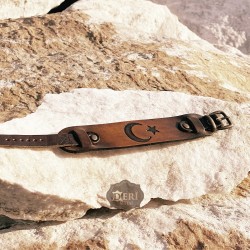 Ay Yıldız Baskılı Tek Tokalı Deri Bileklik Modelimiz - Kolye Hediyeli - BK016